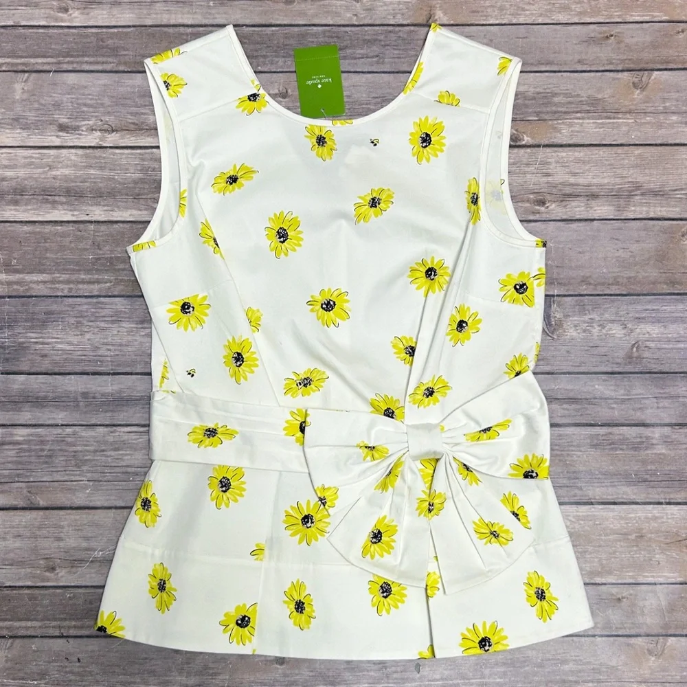 Kate Spade White Yellow Sleeveless Daisy Dot Bow Peplum Top 4 New With Flaws